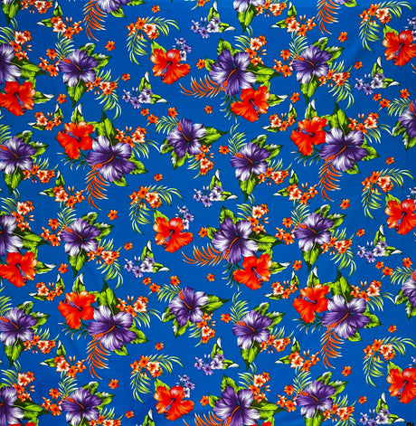 Hibiscus Palm Leaves Cluster All Over Design Cotton Fabric - Purple, Fuchsia, Yellow, Orange, Blue, 36" X 45" (1 Yard)