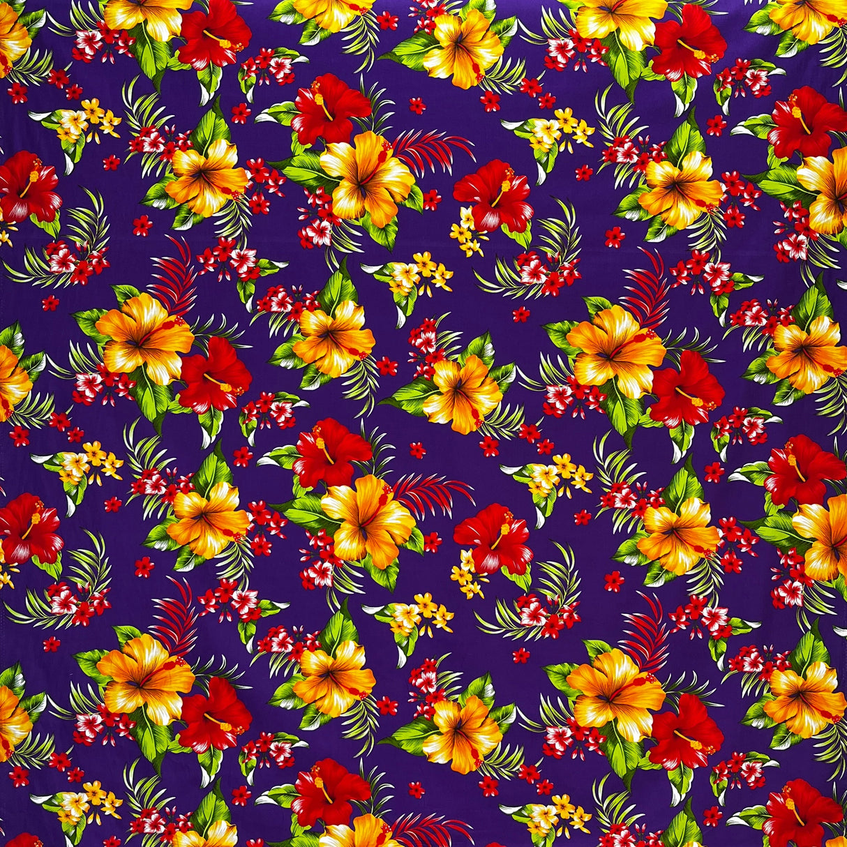Hibiscus Palm Leaves Cluster All Over Design Cotton Fabric - Purple, Fuchsia, Yellow, Orange, Blue, 36" X 45" (1 Yard)