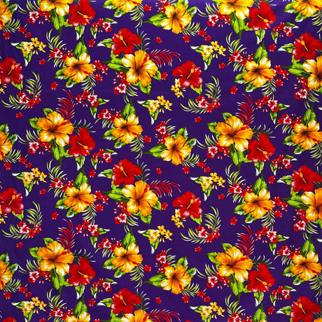 Hibiscus Palm Leaves Cluster All Over Design Cotton Fabric - Tropical Floral Leaf Print, 36" X 45" (1 Yard)