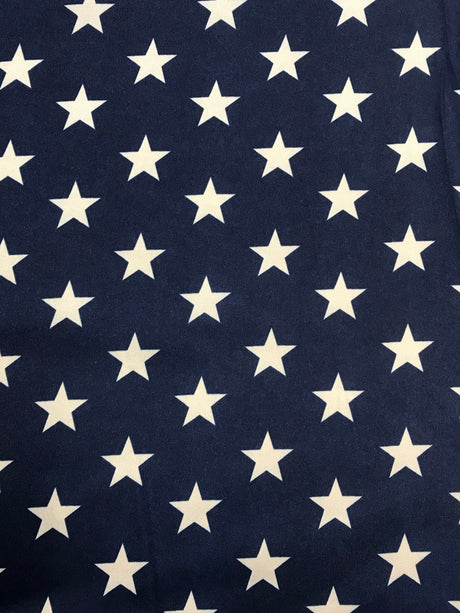 Patriotic Stars Charmeuse Print Navy Polyester Fabric - White Stars Print, Navy, 60" Width
