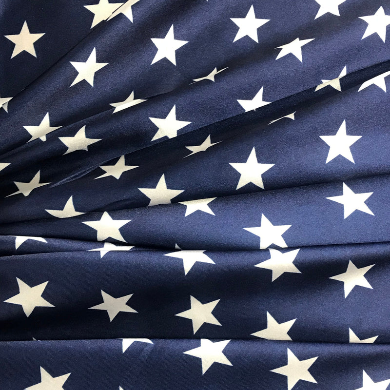 Patriotic Stars Charmeuse Print Navy Polyester Fabric - White Stars Print, Navy, 60" Width