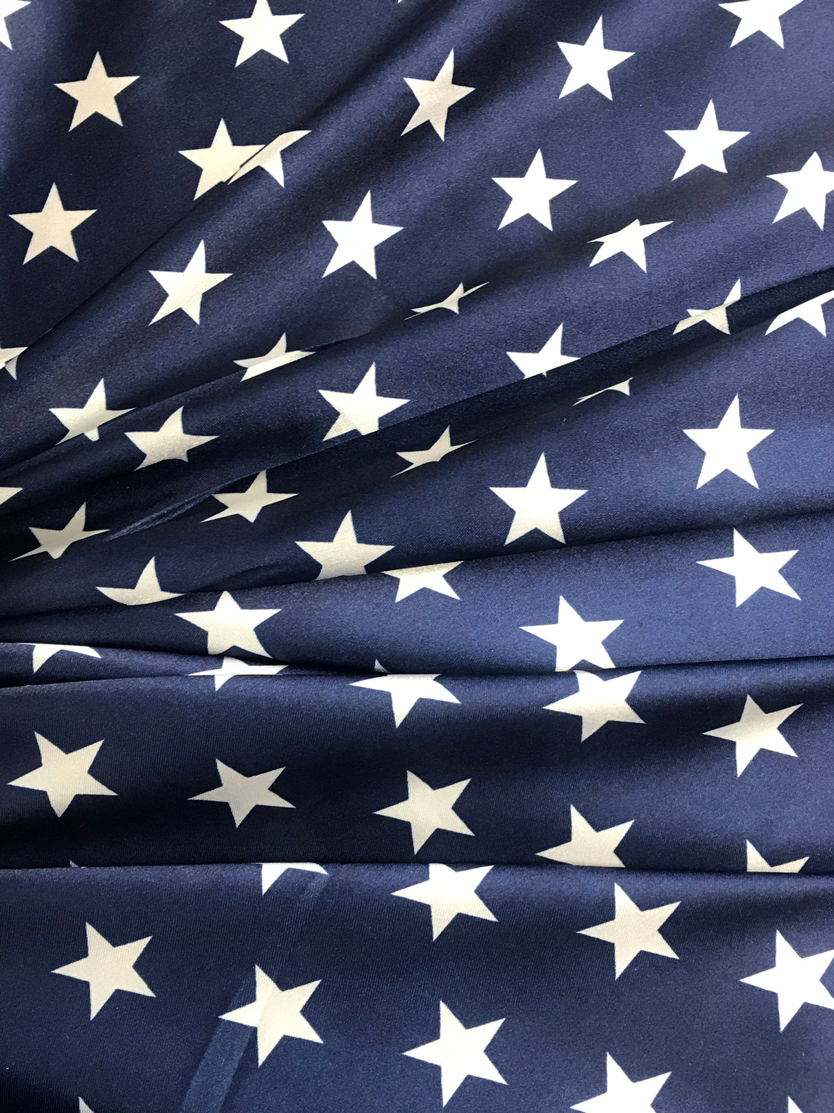 Patriotic Stars Charmeuse Print Navy Polyester Fabric - White Stars Print, Navy, 60" Width