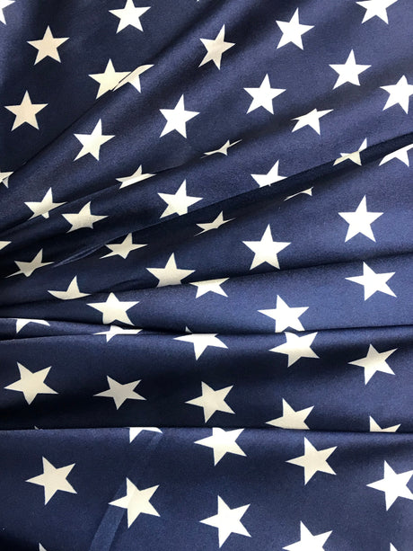 Patriotic Stars Charmeuse Print Navy Polyester Fabric - White Stars Print, Navy, 60" Width