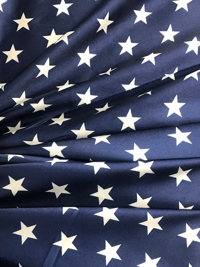 Patriotic Stars Charmeuse Print Navy Polyester Fabric - White Stars Print, Navy, 60" Width