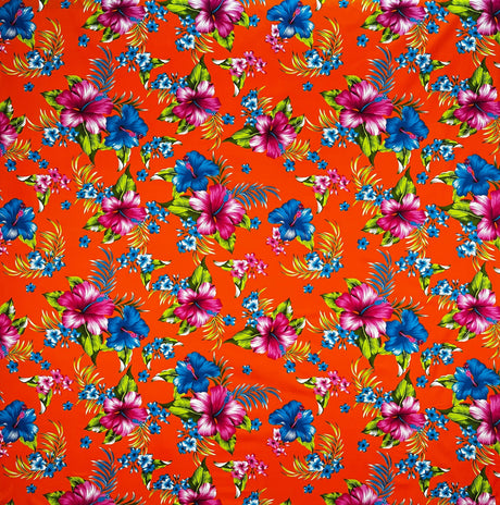 Cotton Fabric Hibiscus Palm Leaves Cluster Print