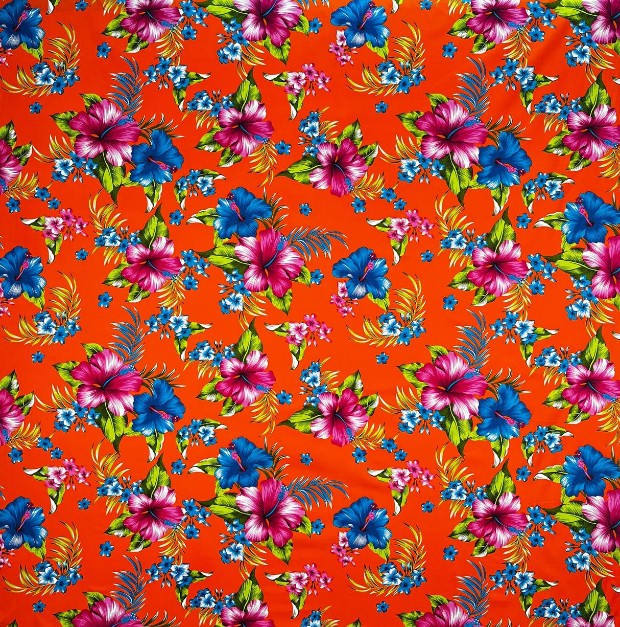Hibiscus Palm Leaves Cluster All Over Design Cotton Fabric - Purple, Fuchsia, Yellow, Orange, Blue, 36" X 45" (1 Yard)