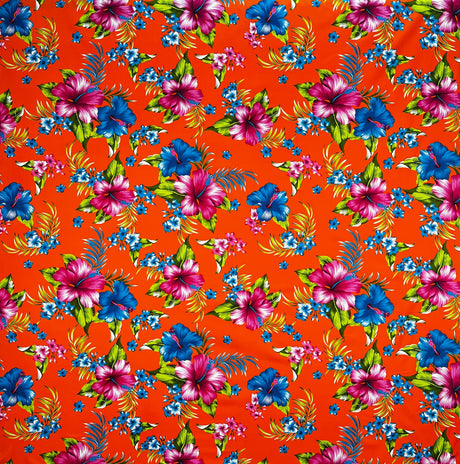 Hibiscus Palm Leaves Cluster All Over Design Cotton Fabric - Purple, Fuchsia, Yellow, Orange, Blue, 36" X 45" (1 Yard)