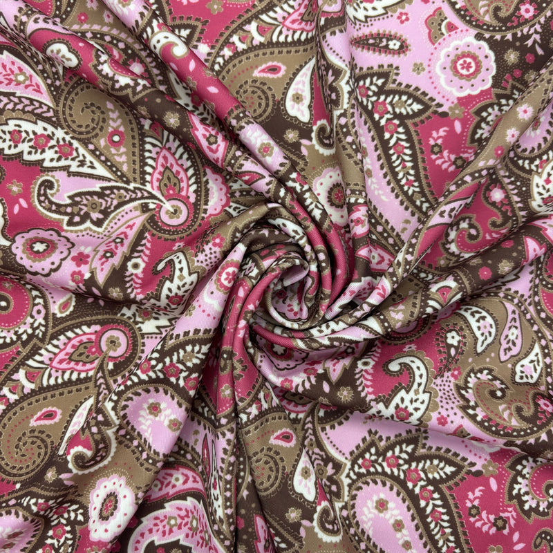 Brown And Pink Paisley Polyester Spandex Fabric - Brown And Pink Paisley, 58"/60" Width (1 Yard)