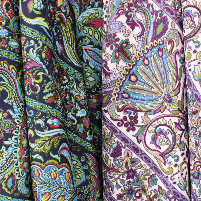 Striped Bohemian Paisley Polyester Spandex Fabric - Teal/Purple Paisley Print, 58"/60" Width (1 Yard)
