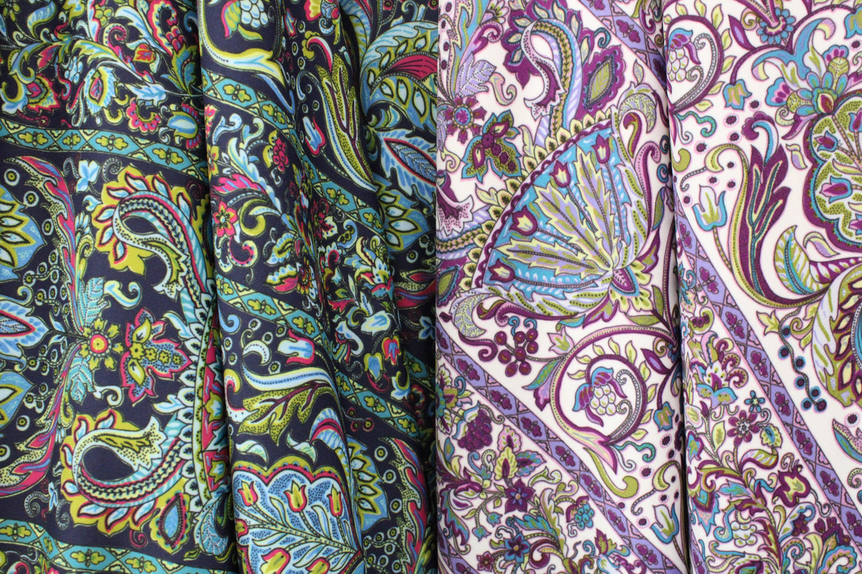 Striped Bohemian Paisley Polyester Spandex Fabric - Teal/Purple Paisley Print, 58"/60" Width (1 Yard)