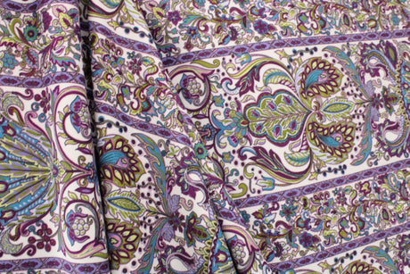 Striped Bohemian Paisley Polyester Spandex Fabric - Teal/Purple Paisley Print, 58"/60" Width (1 Yard)
