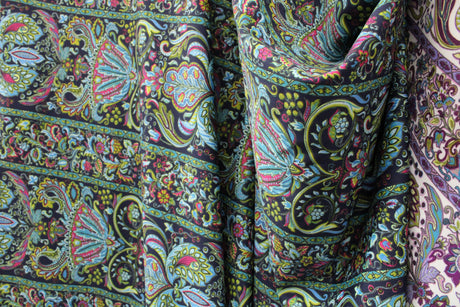 Striped Bohemian Paisley Polyester Spandex Fabric - Teal/Purple Paisley Print, 58"/60" Width (1 Yard)