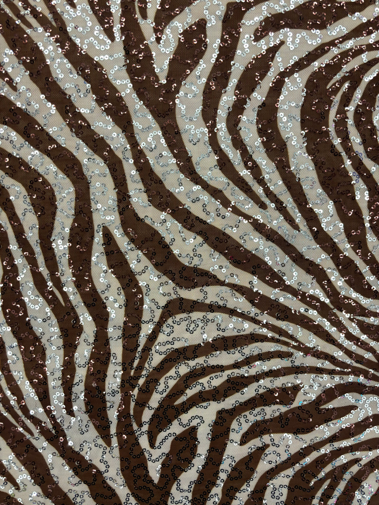 Brown Zebra Print Sequin Mesh Fabric - Brown Zebra Print, 4-Way Stretch, Medium Weight (1 Yard)