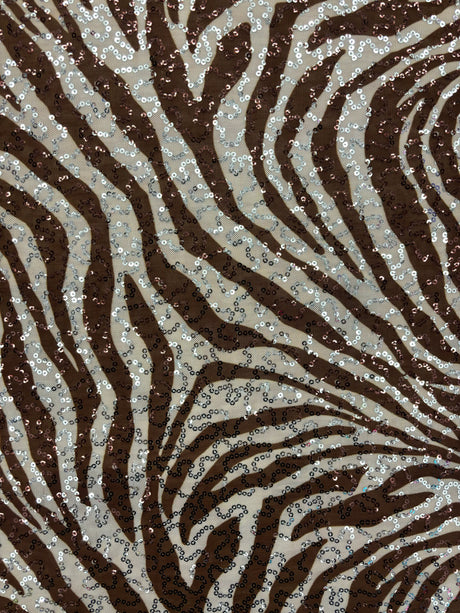 Brown Zebra Print Sequin Mesh Fabric - Brown Zebra Print, 4-Way Stretch, Medium Weight (1 Yard)