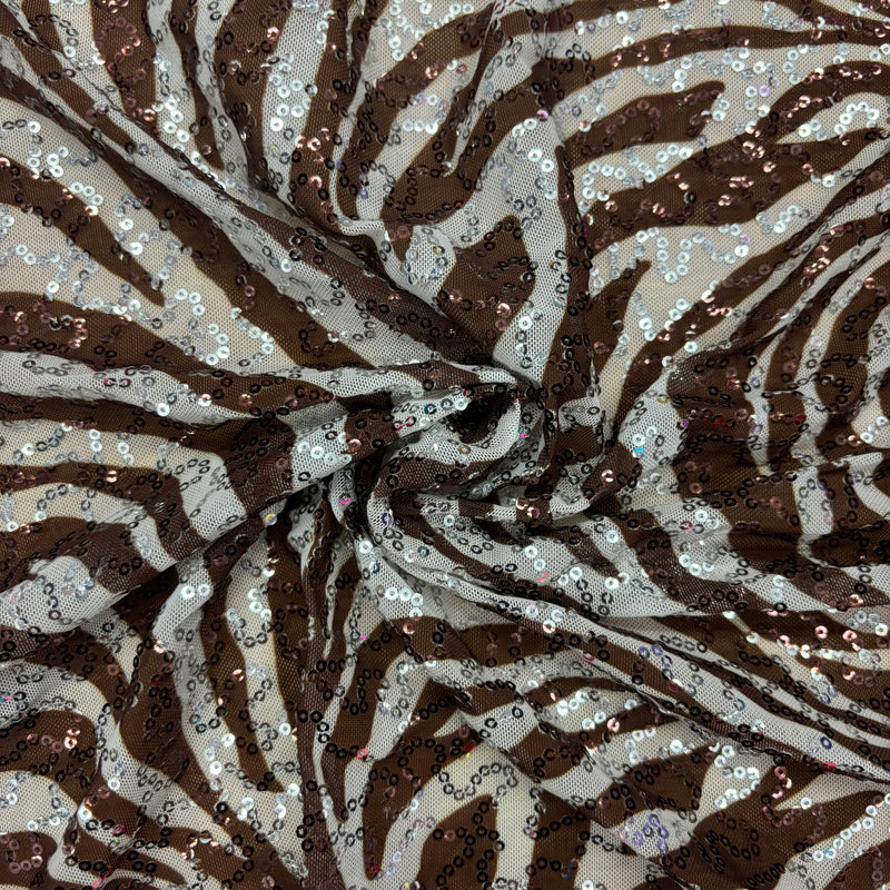 Brown Zebra Print Sequin Mesh Fabric - Brown Zebra Print, 4-Way Stretch, Medium Weight (1 Yard)