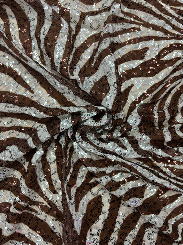 Brown Zebra Print Sequin Mesh Fabric - Brown Zebra Print, 4-Way Stretch, Medium Weight (1 Yard)