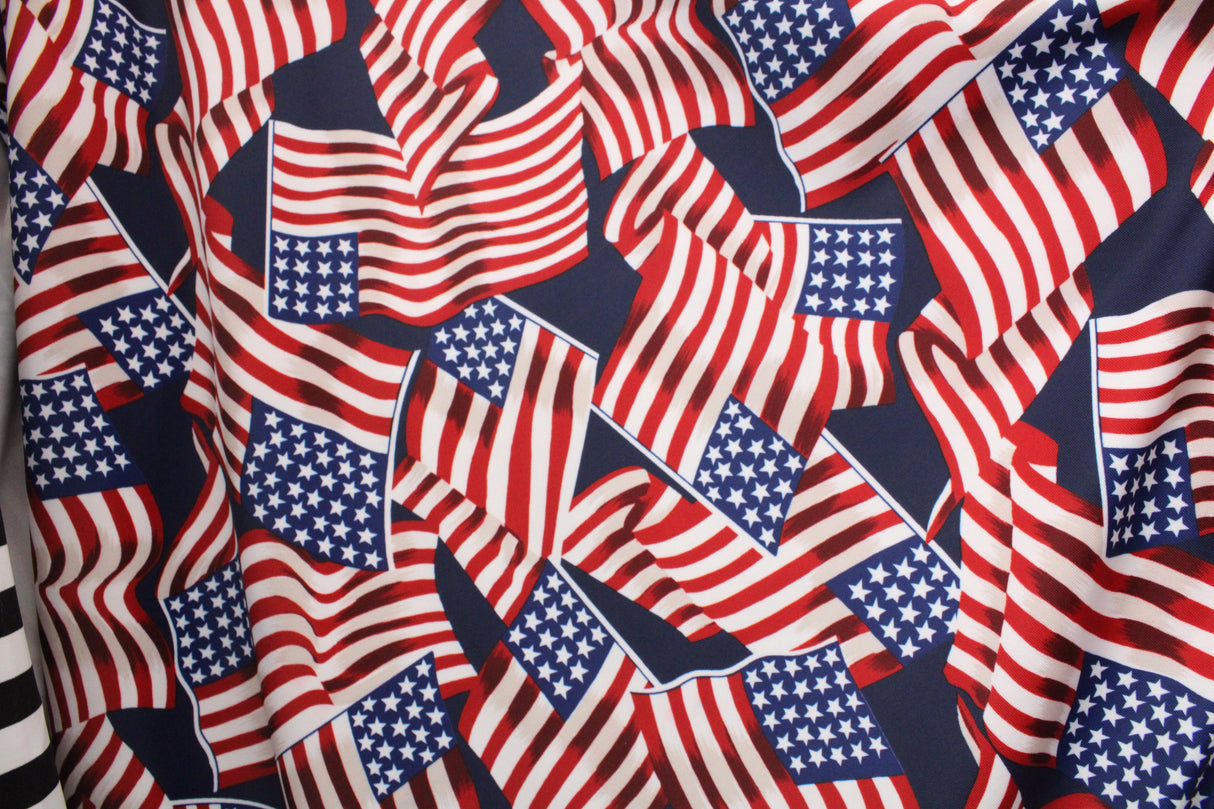 American Flags Polyester Spandex Fabric - American Flag Print, Red White Blue, 58"/60" Width (1 Yard)