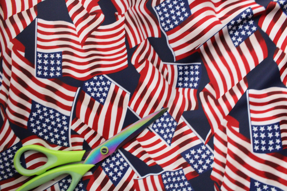 American Flags Polyester Spandex Fabric - American Flag Print, Red White Blue, 58"/60" Width (1 Yard)