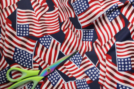 American Flags Polyester Spandex Fabric - American Flag Print, Red White Blue, 58"/60" Width (1 Yard)