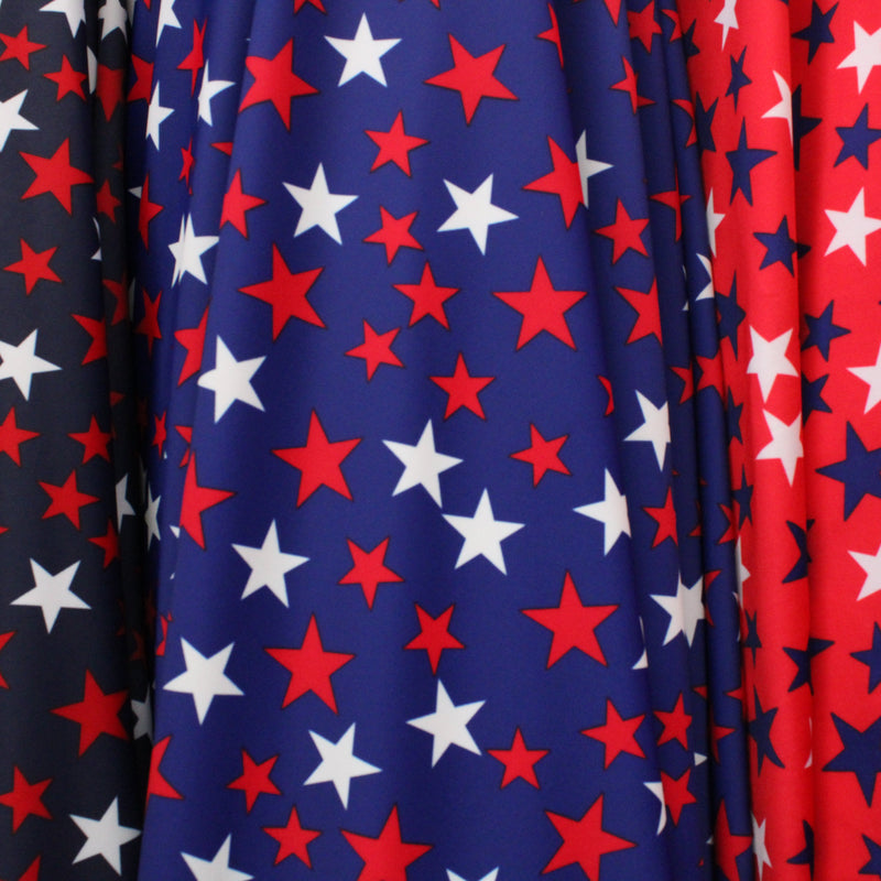 Patriotic Stars Polyester Spandex Fabric - Red, White, And Blue Star Print, 58"/60" Width (1 Yard)