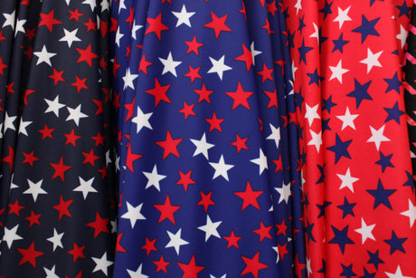 Patriotic Stars Polyester Spandex Fabric - Red, White, And Blue Star Print, 58"/60" Width (1 Yard)
