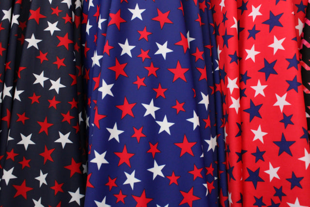 Patriotic Stars Polyester Spandex Fabric - Red, White, And Blue Star Print, 58"/60" Width (1 Yard)