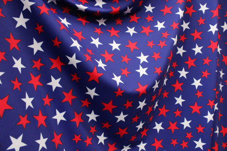 Patriotic Stars Polyester Spandex Fabric - Red, White, And Blue Star Print, 58"/60" Width (1 Yard)