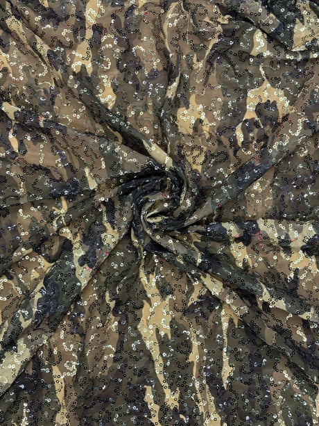Green Camo Printed Sequin Mesh Fabric - Green Camo Print, 1 Yard