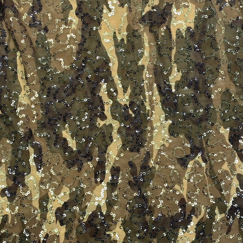 Green Camo Printed Sequin Mesh Fabric - Green Camo Print, 1 Yard