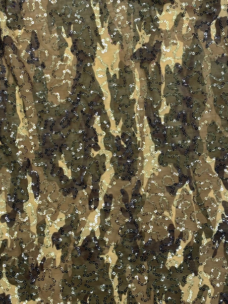 Green Camo Printed Sequin Mesh Fabric - Green Camo Print, 1 Yard