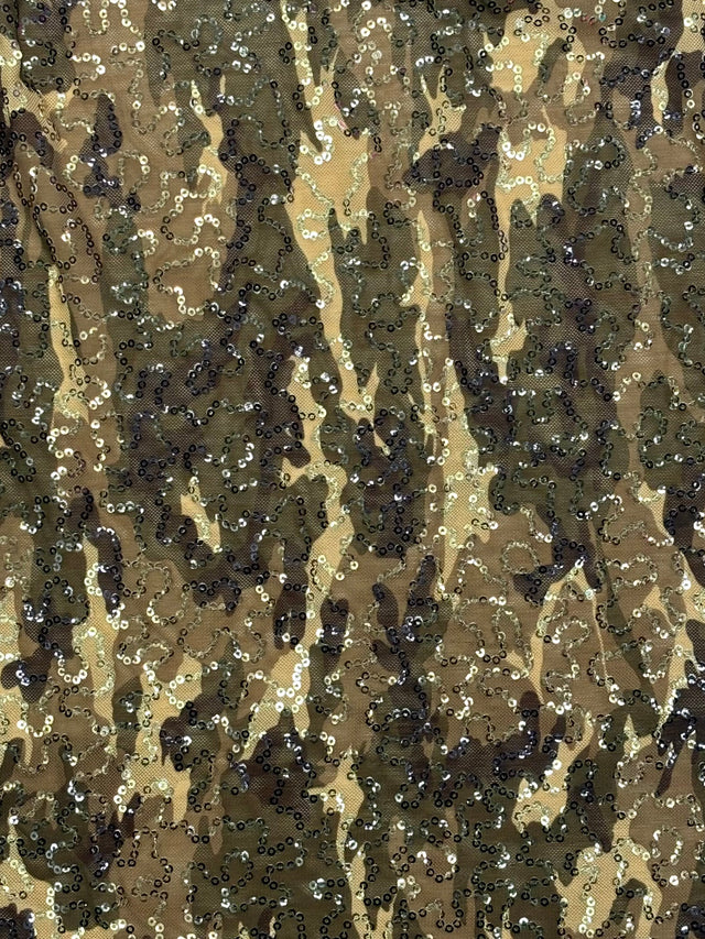 Green Camo Printed Sequin Mesh Fabric - Green Camo Print, 1 Yard