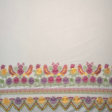 Floral Bird Embroidered Polyester Fabric - Floral Bird Embroidery, Multi Color Border, 56" Width (1 Yard)