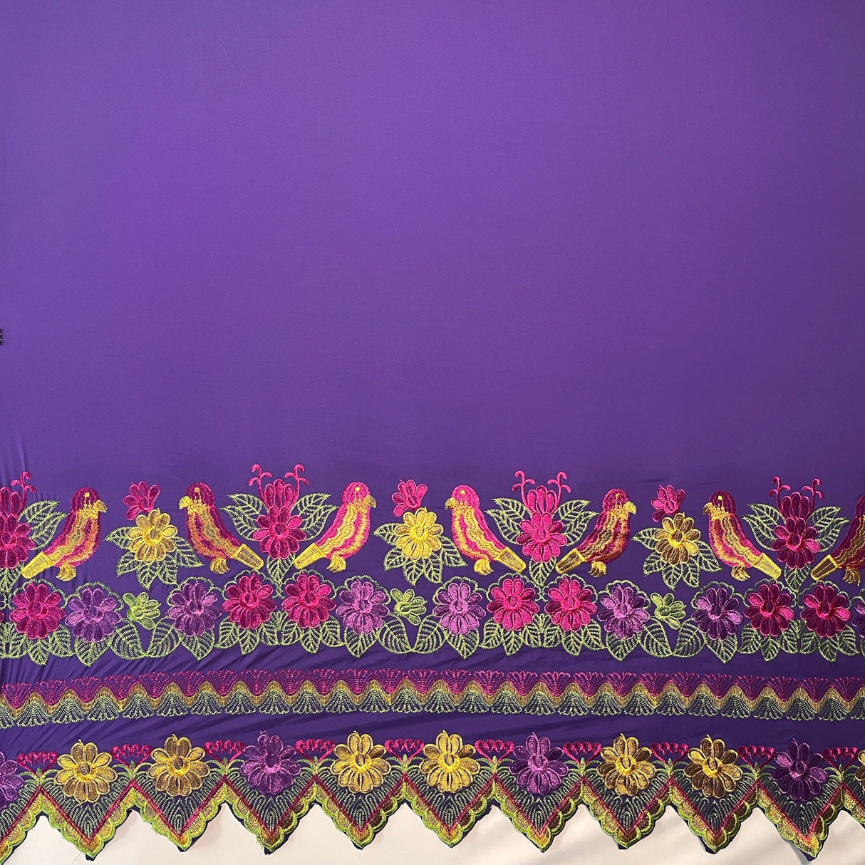 Floral Bird Embroidered Polyester Fabric - Floral Bird Embroidery, Multi Color Border, 56" Width (1 Yard)