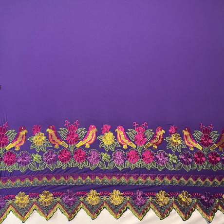 Floral Bird Embroidered Polyester Fabric - Floral Bird Embroidery, Multi Color Border, 56" Width (1 Yard)