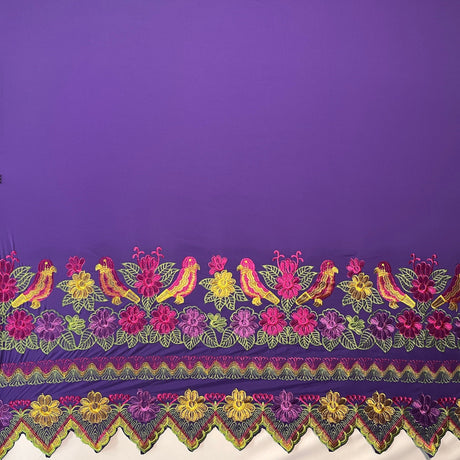 Floral Bird Embroidered Polyester Fabric - Floral Bird Embroidery, Multi Color Border, 56" Width (1 Yard)