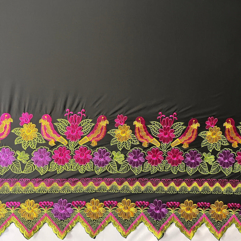 Floral Bird Embroidered Polyester Fabric - Floral Bird Embroidery, Multi Color Border, 56" Width (1 Yard)