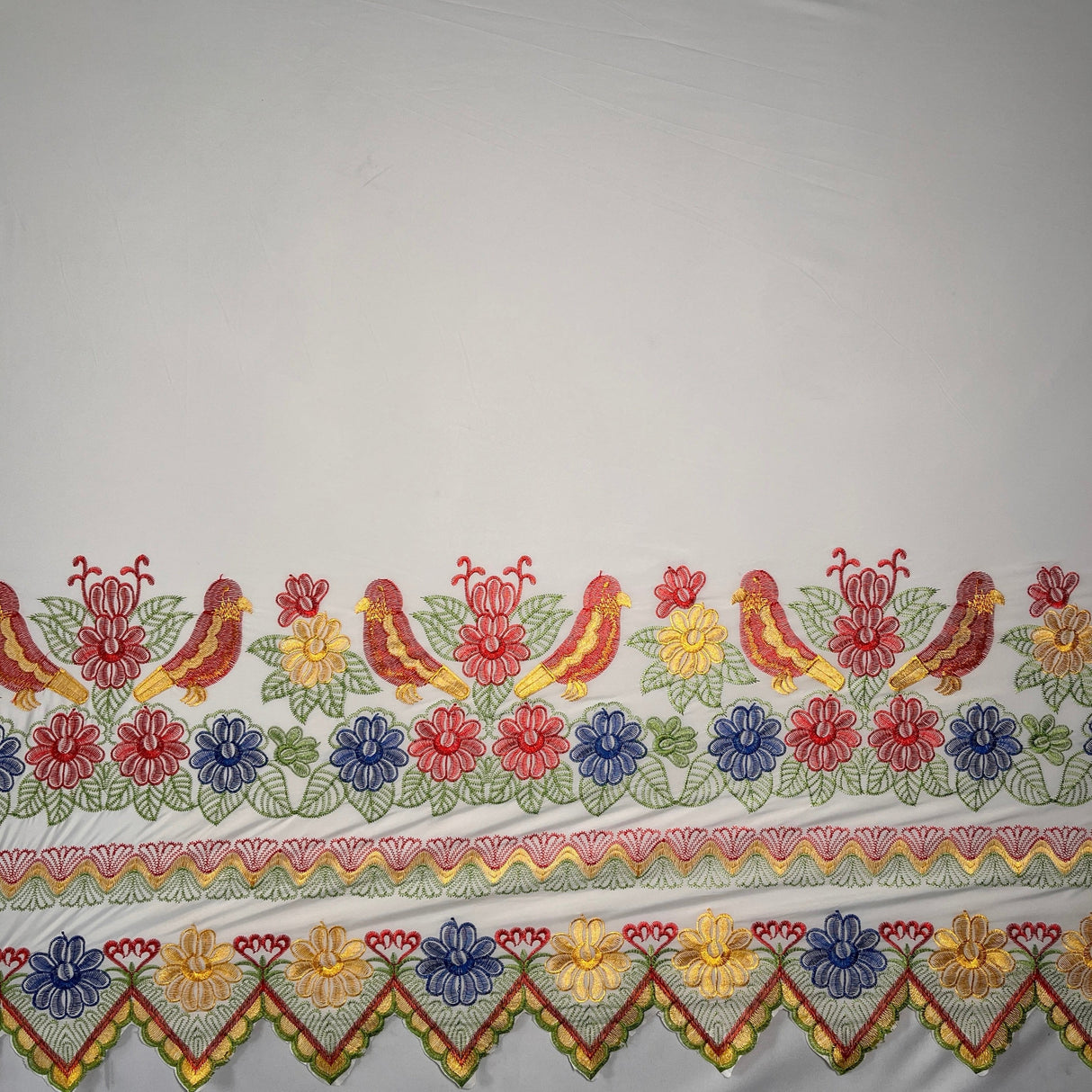 Floral Bird Embroidered Polyester Fabric - Floral Bird Embroidery, Multi Color Border, 56" Width (1 Yard)
