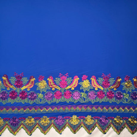 Floral Bird Embroidered Polyester Fabric - Floral Bird Embroidery, Multi Color Border, 56" Width (1 Yard)