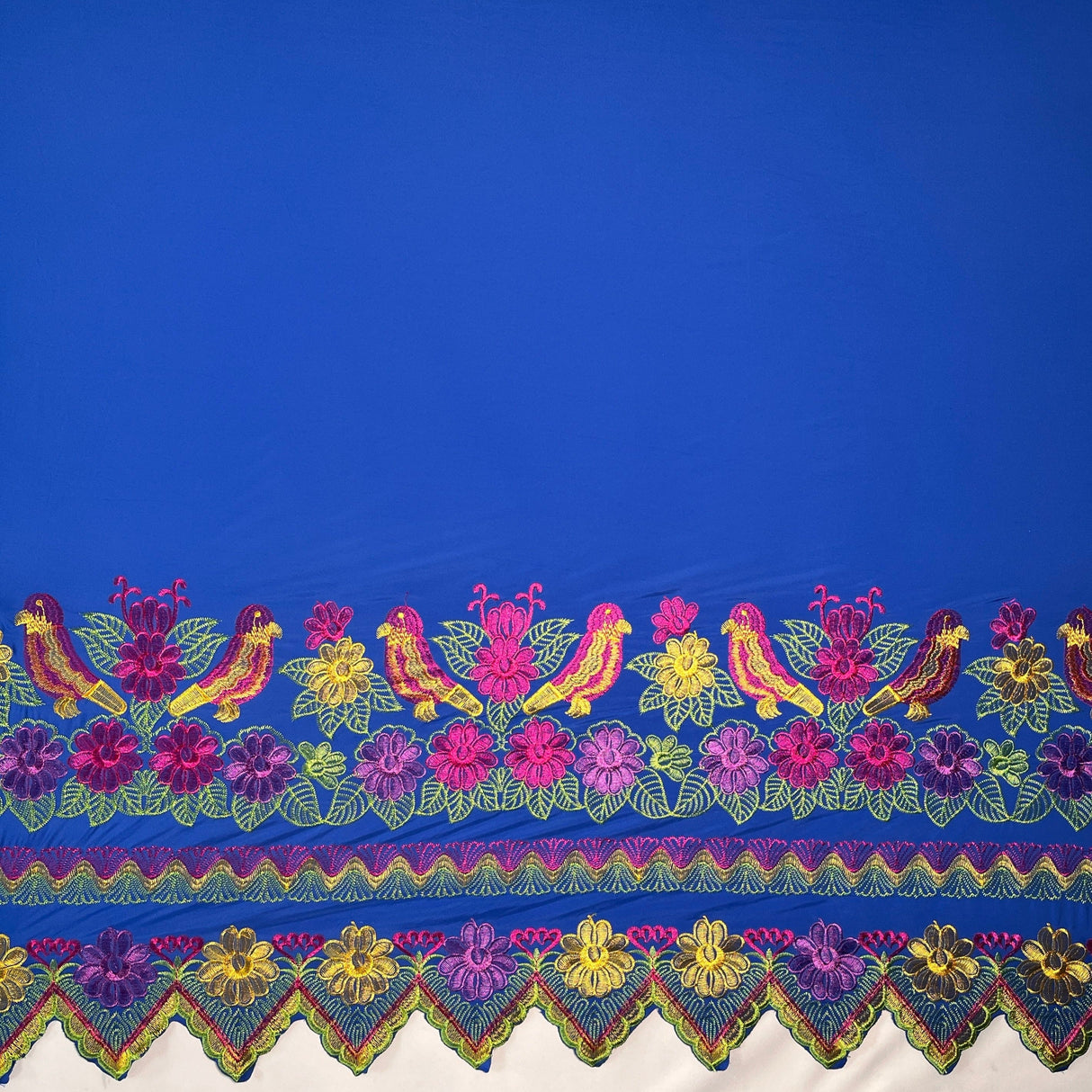 Floral Bird Embroidered Polyester Fabric - Floral Bird Embroidery, Multi Color Border, 56" Width (1 Yard)