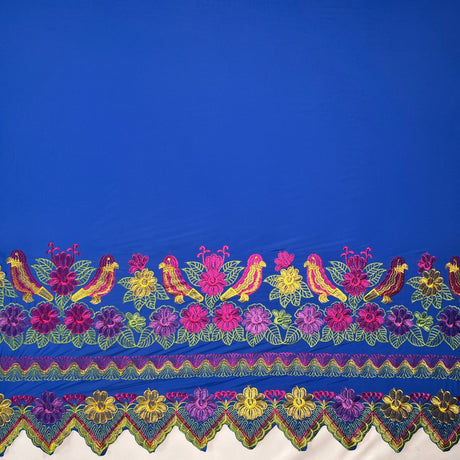 Floral Bird Embroidered Polyester Fabric - Floral Bird Embroidery, Multi Color Border, 56" Width (1 Yard)