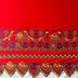 Floral Bird Embroidered Polyester Fabric - Floral Bird Embroidery, Multi Color Border, 56" Width (1 Yard)