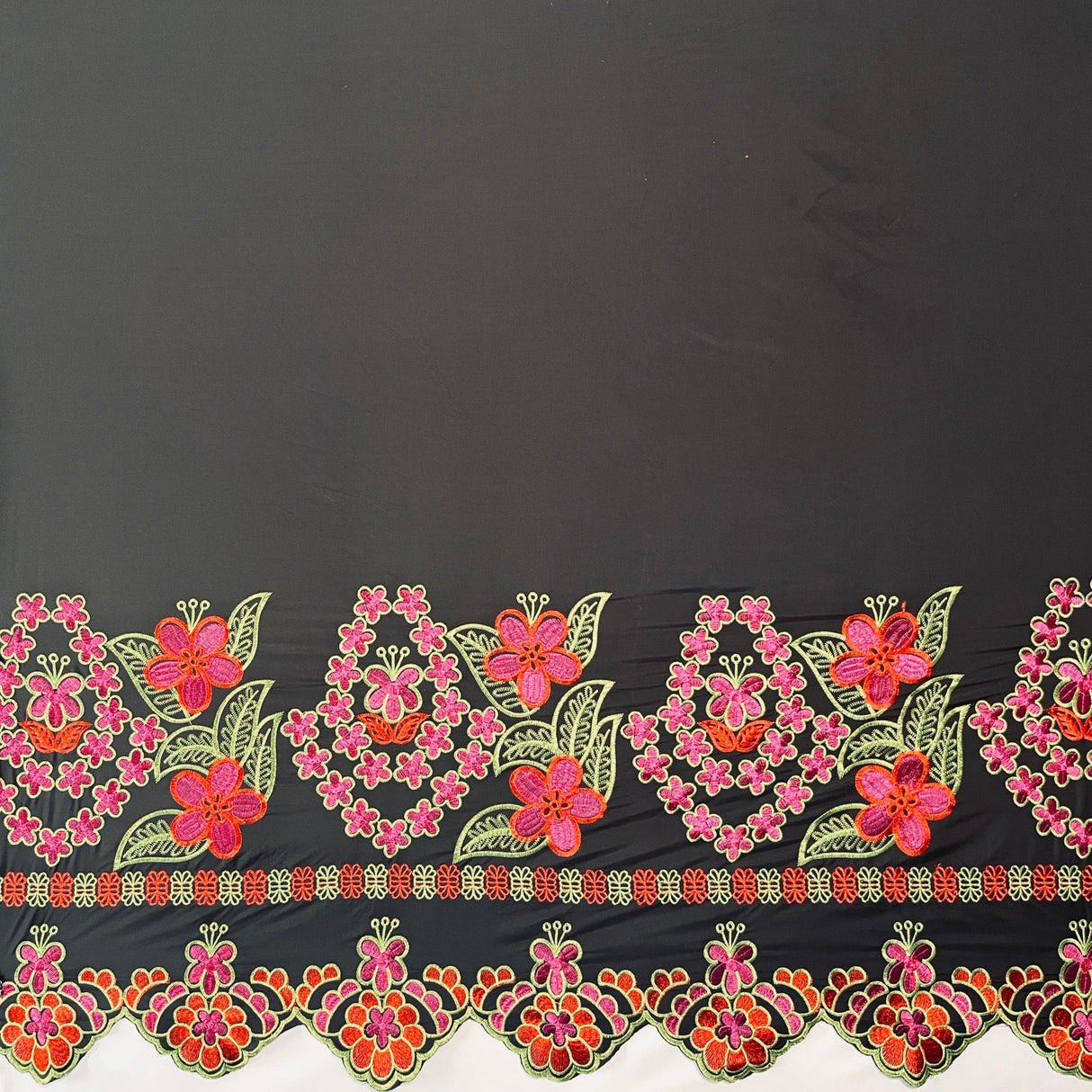 Floral Embroidered Border Polyester Fabric - Multi Color Floral Border, 56" Width, 36" Yard Cut (1 Yard)