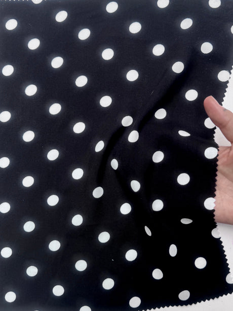 Printed Rayon Challis White Polka Dots Black