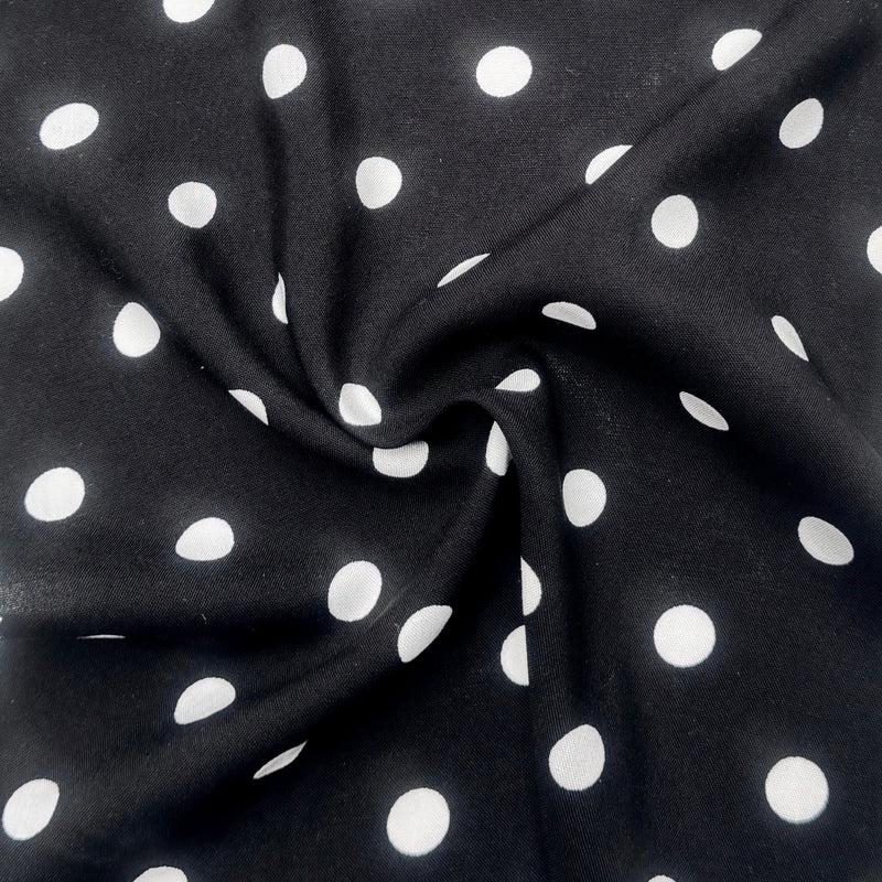 Printed Rayon Challis White Polka Dots Black
