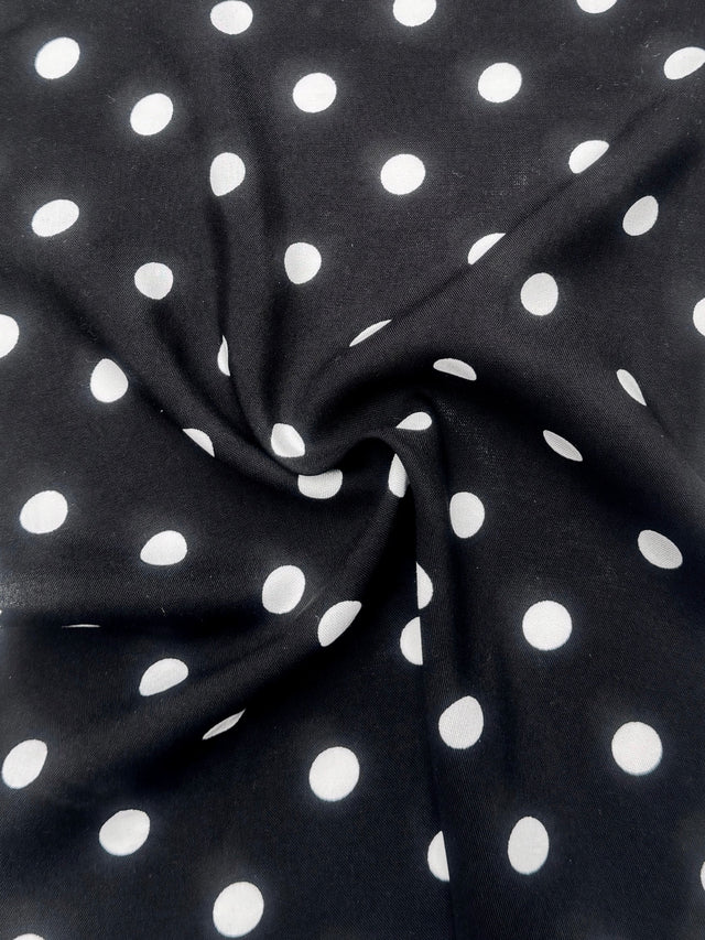 Printed Rayon Challis White Polka Dots Black