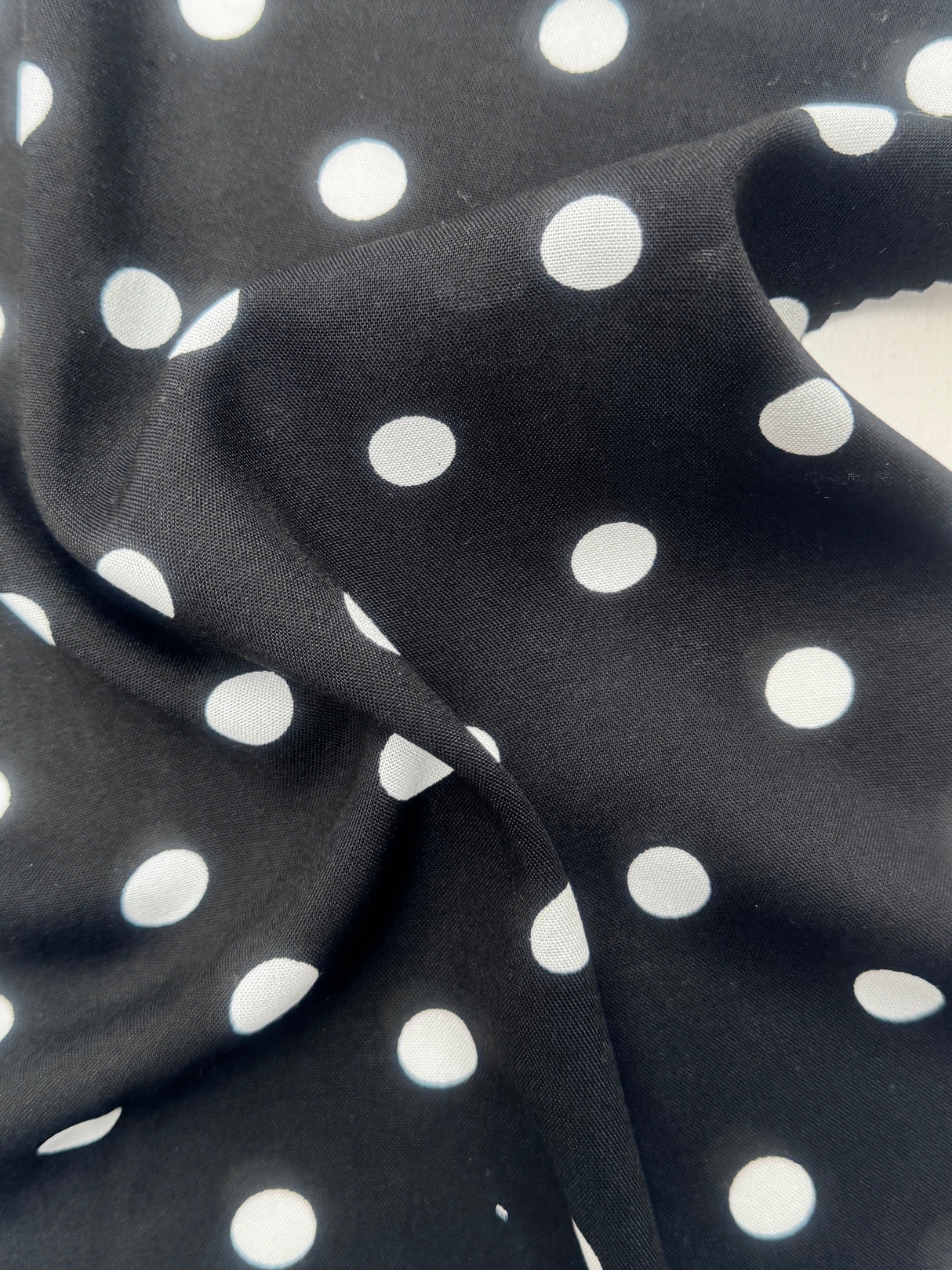 Printed Rayon Challis White Polka Dots Black