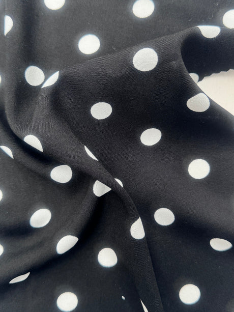 Printed Rayon Challis White Polka Dots Black
