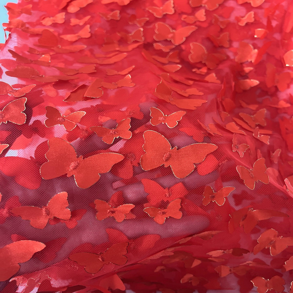 3D Butterfly Embroidered Satin Lace Fabric - 100% Polyester, 4-Way Mechanical Stretch, Mesh Backing, 60" Mesh Width, 54/56" Butterfly Width (1 Yard)