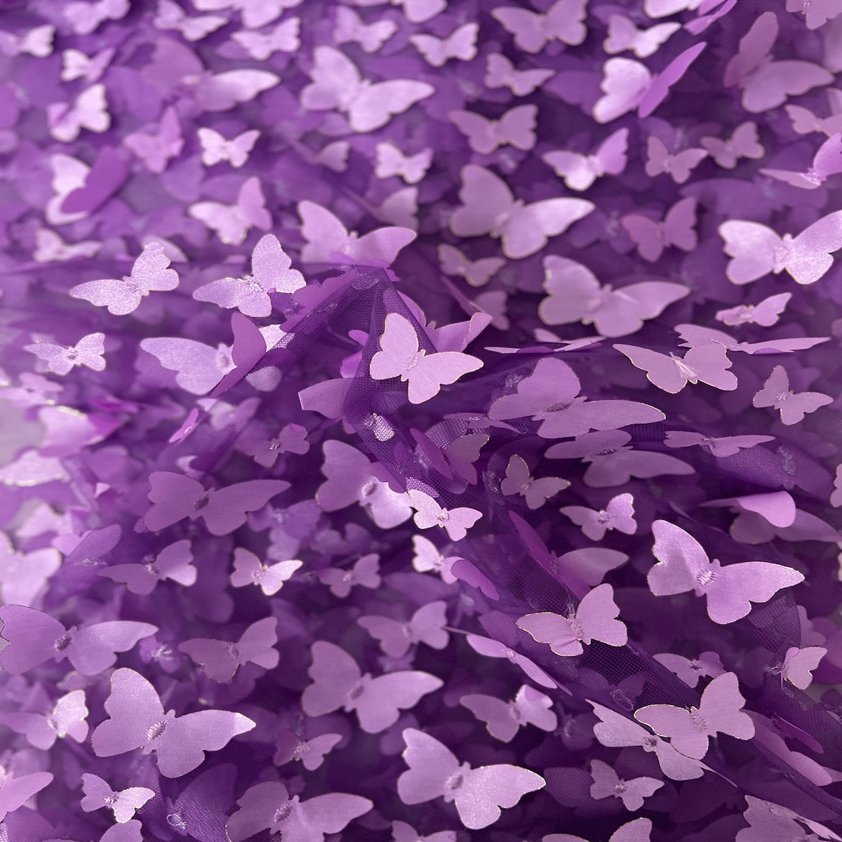 3D Butterfly Embroidered Satin Lace Fabric - 100% Polyester, 4-Way Mechanical Stretch, Mesh Backing, 60" Mesh Width, 54/56" Butterfly Width (1 Yard)