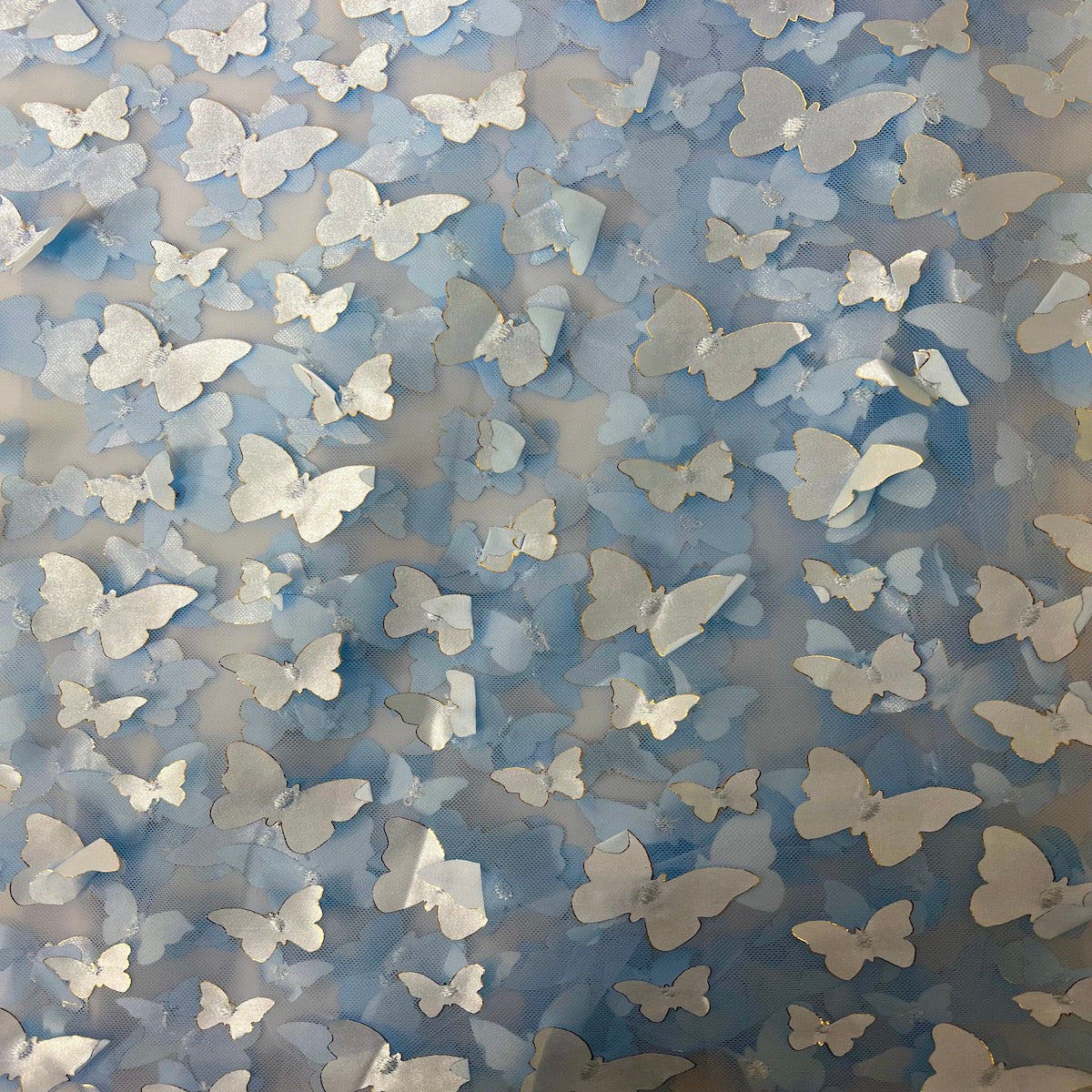 3D Butterfly Embroidered Satin Lace Fabric - 100% Polyester, 4-Way Mechanical Stretch, Mesh Backing, 60" Mesh Width, 54/56" Butterfly Width (1 Yard)
